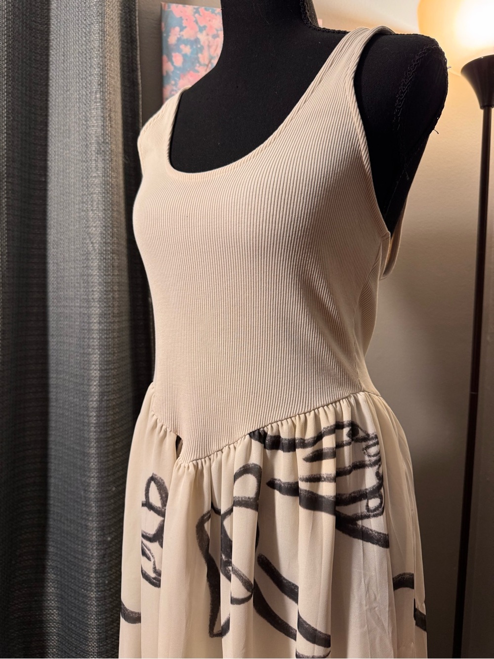 Zara x Dina Bukva Cream Maxi Tank Dress with Abstract Gray Line Design - Picture 2 of 4